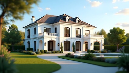 A large white house surrounded by a spacious front yard, showcasing a well-maintained lawn and landscaping.