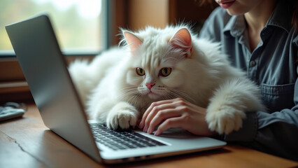 Cat blocking workspace while owner works remotely