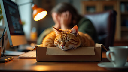 Cat blocking workspace while owner works remotely