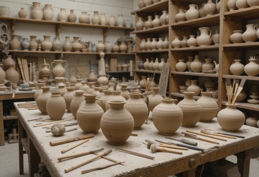 Taller de cer&aacute;mica artesanal. Ollas de barro en proceso, herramientas de madera, pinceles dispersos y estantes repletos de jarrones hechos a mano