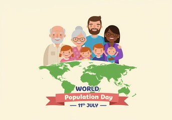 Diverse family celebrating world population day on earth map illustration