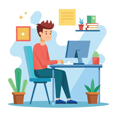 Freelancer Man at Computer Desk with Cactus in Modern Workspace,