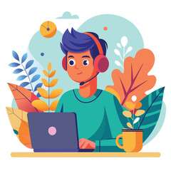 Teenage Boy with Headphones Working on Laptop and Coffee in Flat Design,

