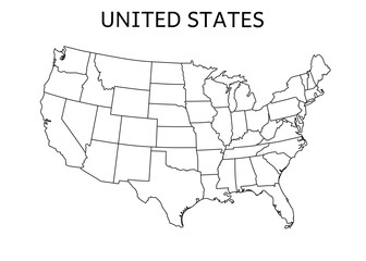 A map of the United States is shown in black and white. The map is very detailed and shows the borders of each state