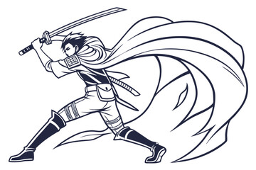 Dynamic Anime Warrior Silhouette Vector Illustration in Action Pose with Bold Colors