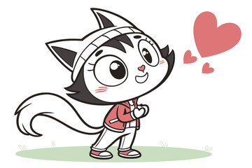 Chibi Anime Cat Girl Vector Illustration with Black Outlines and Kawaii Style