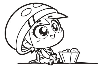 Chibi Anime Character Sitting Design with Thick Black Outline and Bright Colors