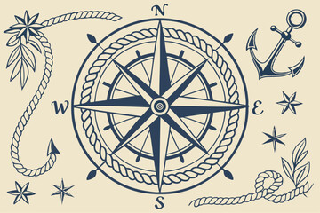 Centered Compass Rose Vector Grid with Nautical Theme Elements for Design