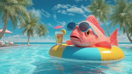 浮き輪に乗りカクテルを楽しむ魚の夏のプールバケーション