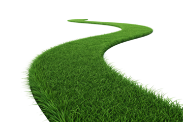 Flowing green grass path curving elegantly through white space backdrop, isolated on a transparent background