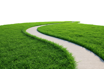 Curved stone pathway meandering through bright green grass landscape scenery, isolated on a transparent background