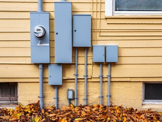 Residential electrical meter and utility boxes on a yellow clapboard house exterior