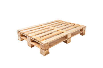 Wooden shipping pallet viewed from corner angle showing deck boards and block supports, isolated on a transparent background