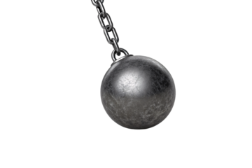 Heavy metal wrecking ball suspended from chain with weathered steel surface finish, isolated on a transparent background