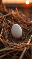 A speckled egg rests nestled in straw, sunset in the background