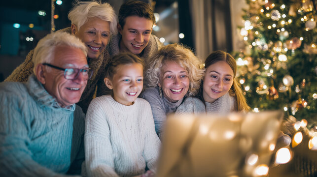 Family on video call exchanging gifts, laptop screen glowing, christmas tree lights behind - Powered by Adobe