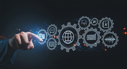 A hand interacts with glowing digital gears and icons, representing global communication and technology.