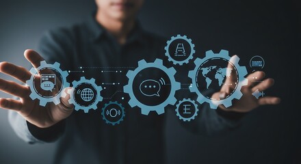 A person's hands hover over a network of interconnected gears and icons, representing global communication and technology.