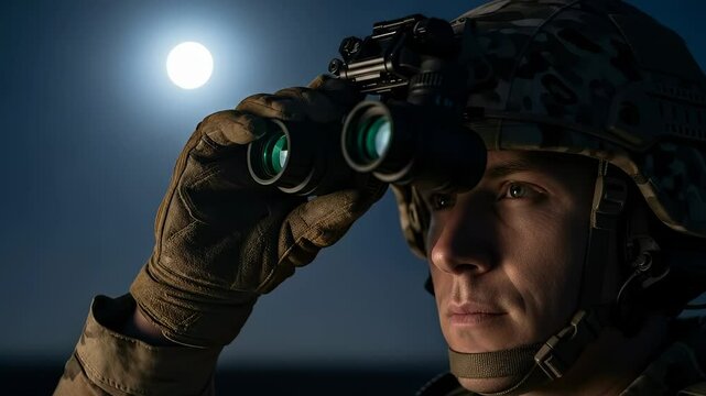 vigilant military operative adjusts night vision goggles while observing under a bright full moon at night.