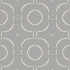 A seamless pattern features elegant, symmetrical geometric shapes on a muted gray background. The design incorporates soft, rounded lines that form interconnected circles and diamond motifs.
