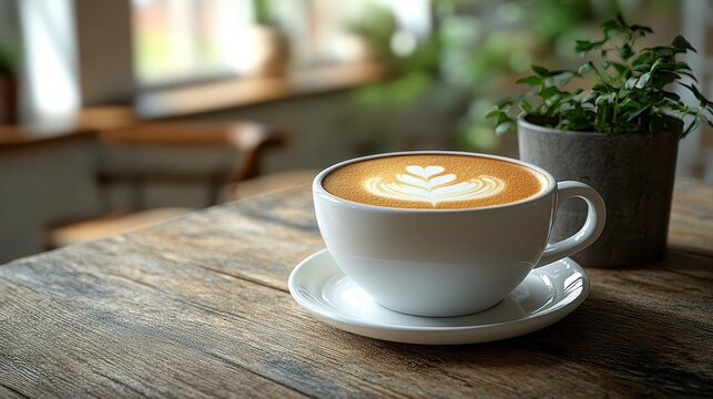Cup of cappuccino with leaf-shaped latte art on rustic wooden table in a warm, plant-filled coffee shop interior.
