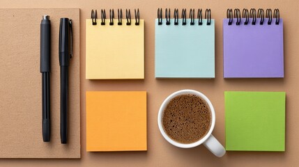 Organizing ideas in a creative workspace flat lay of sticky notes pens and notepad with coffee in a cozy environment