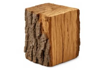 Square block of wood on transparent background, showing bark and grain, perfect for rustic designs or nature-themed projects