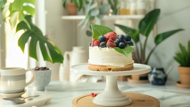 Fresh berries cake on pedestal