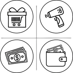 "Set of Modern Finance and Shopping Icons Including Money, Wallet, Barcode and Gift Box"