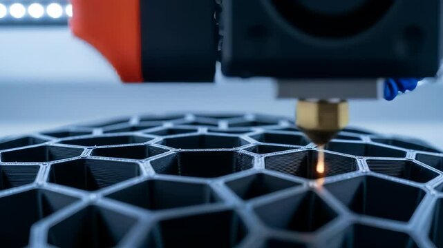 Modern 3D printer nozzle precisely extrudes black filament building a complex hexagonal lattice structure.