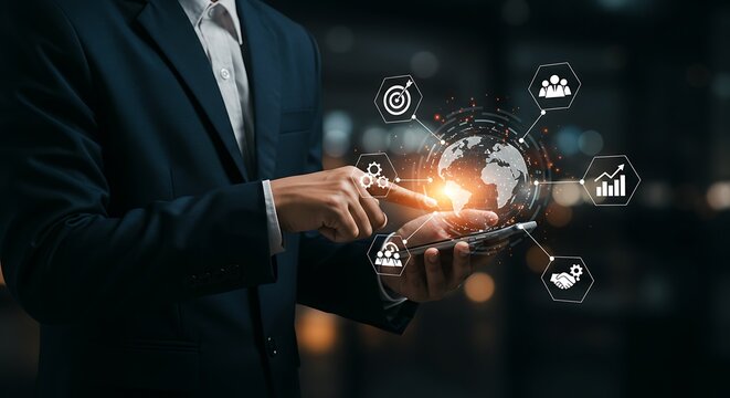 A businessman interacts with a digital interface representing global business operations and data.