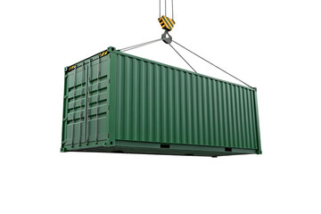 Green shipping container suspended by crane hooks, isolated on a transparent background