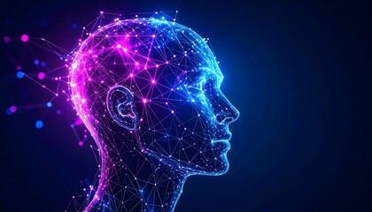 A low-poly geometric human head design interwoven with glowing neon neural webs, rendered in synthwave colors of purple, blue, and pink, evoking a retro-futuristic vibe.