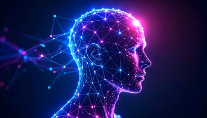 A low-poly geometric human head design interwoven with glowing neon neural webs, rendered in synthwave colors of purple, blue, and pink, evoking a retro-futuristic vibe.