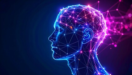 A low-poly geometric human head design interwoven with glowing neon neural webs, rendered in synthwave colors of purple, blue, and pink, evoking a retro-futuristic vibe.