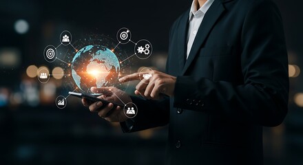 Businessman interacts with a digital globe and connected icons on a smartphone.