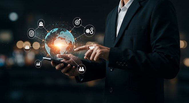 Businessman interacts with a digital globe and connected icons on a smartphone.