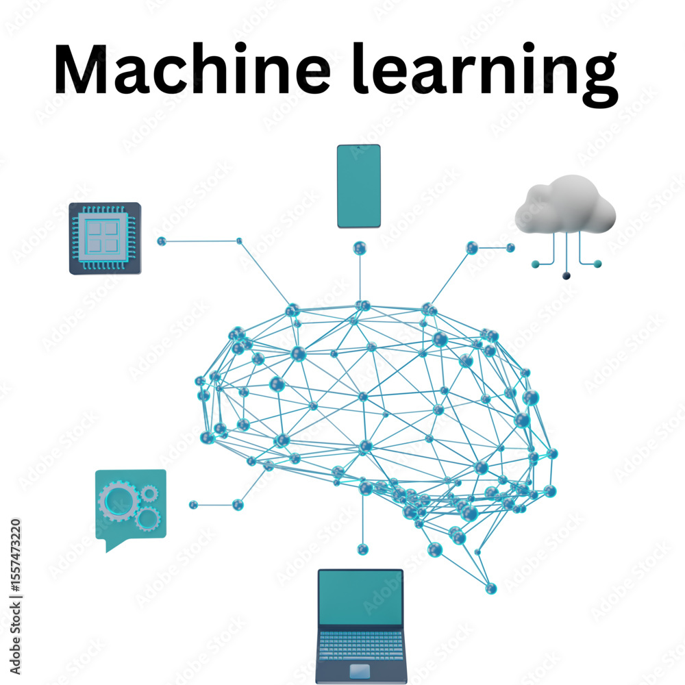Poster artificial intelligence and machine learning concept showing brain connections and tech devices on t