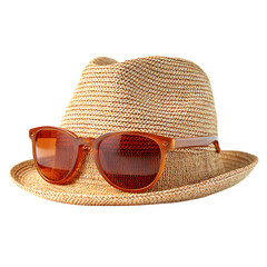 PNG Summer Vacation Essentials Straw Fedora Hat and Amber Sunglasses against transparent Background