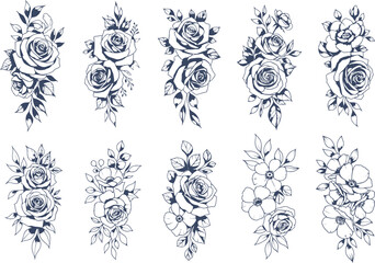 Elegant Rose Flower Bouquets Line Art Illustrations for Design Projects