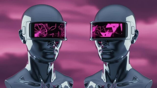 Two metallic humanoid figures with glitching pink digital displays in futuristic visors.