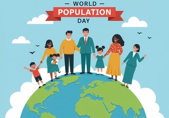 Diverse families celebrating world population day standing on planet earth