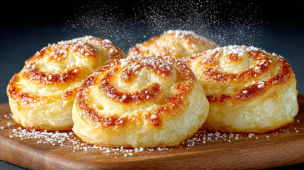 Bakery pastries, Delicious puff pastry pinwheels filled with cheese, perfect for appetizers or snacks in stunning 4K HD resolution.