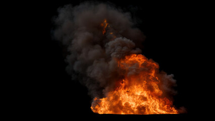 Large and Intense Fire with black smoke rising from it with bright orange Flames as significant Fire event on a Black Background