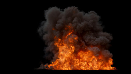 Massive intense Oil Fire with huge Bright Fiery Flames and thick dark Smoke rising above it on a black Background