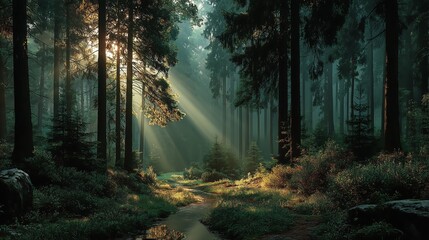 Soft rays that penetrate the trees in a beautiful forest