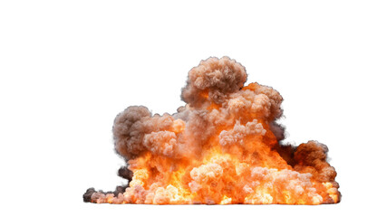 Isolated large explosion with a bright orange and yellow flame at the base surrounded by dense white smoke rising into the air on a white background