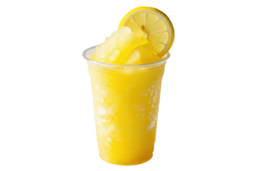 frozen lemonade slushie in a takeaway cup with a fresh lemon slice