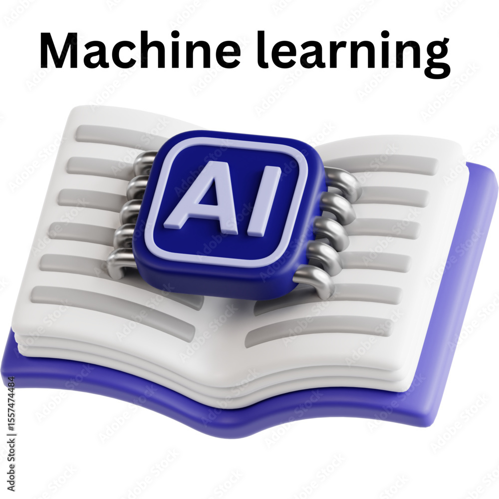 Poster explore artificial intelligence and machine learning concepts through an open book illustration on t