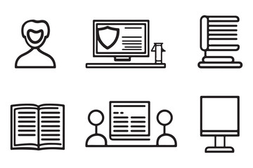 Clean line features people icons, secure computer, and book on a white backdrop